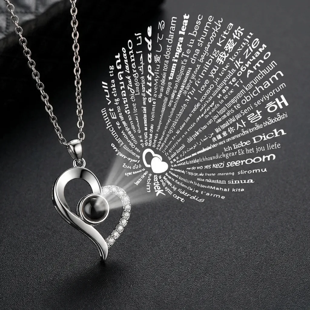 Projection necklace showing 'I Love You' in many languages